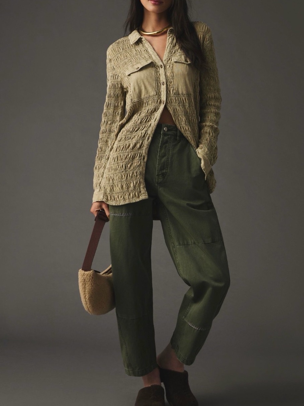 Pilcro Smocked Shacket or Button Up Shirt in Sand
